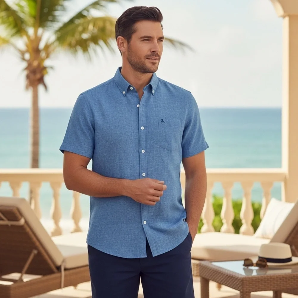 Original Penguin Linen Blend Button-Down Shirt Blue Chambray L Casual ResortWear - Picture 4 of 10